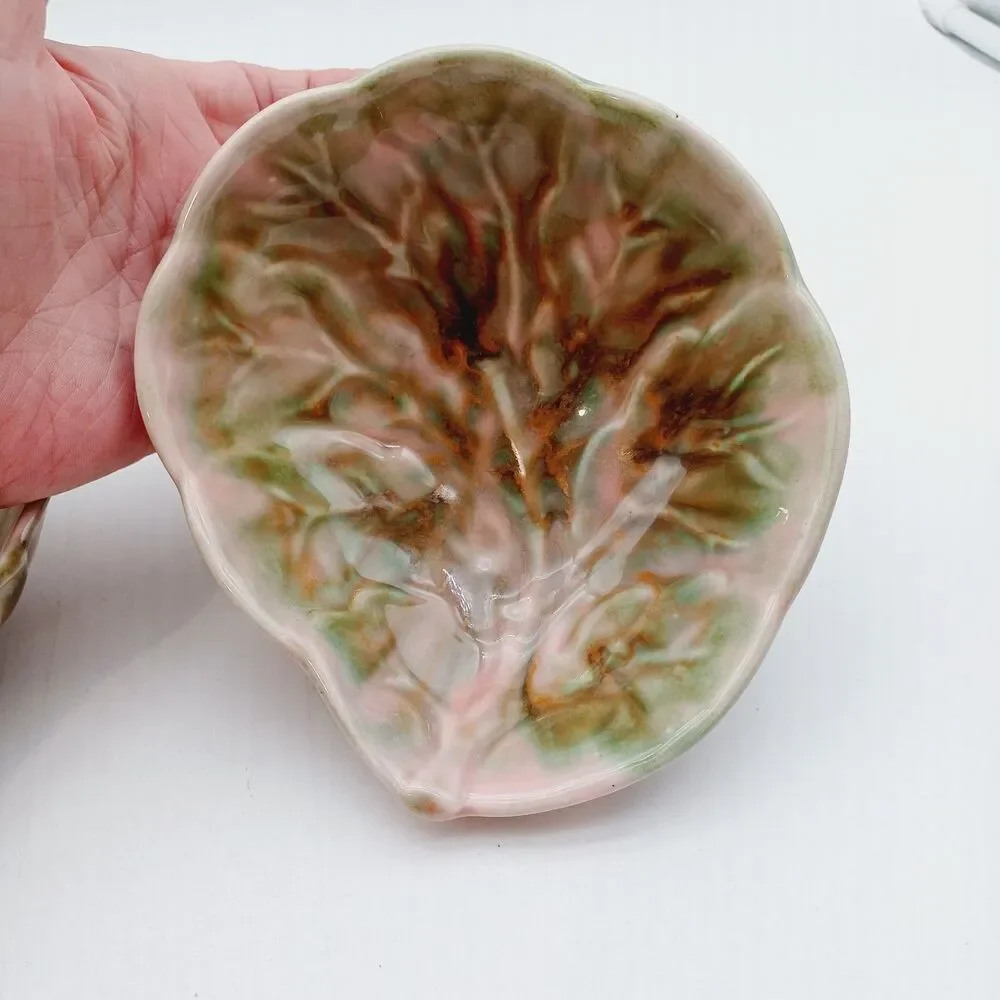 Matching Pair Antique Weller Pottery Zona Leaf Bowls Pink Green Glaze 1920s...